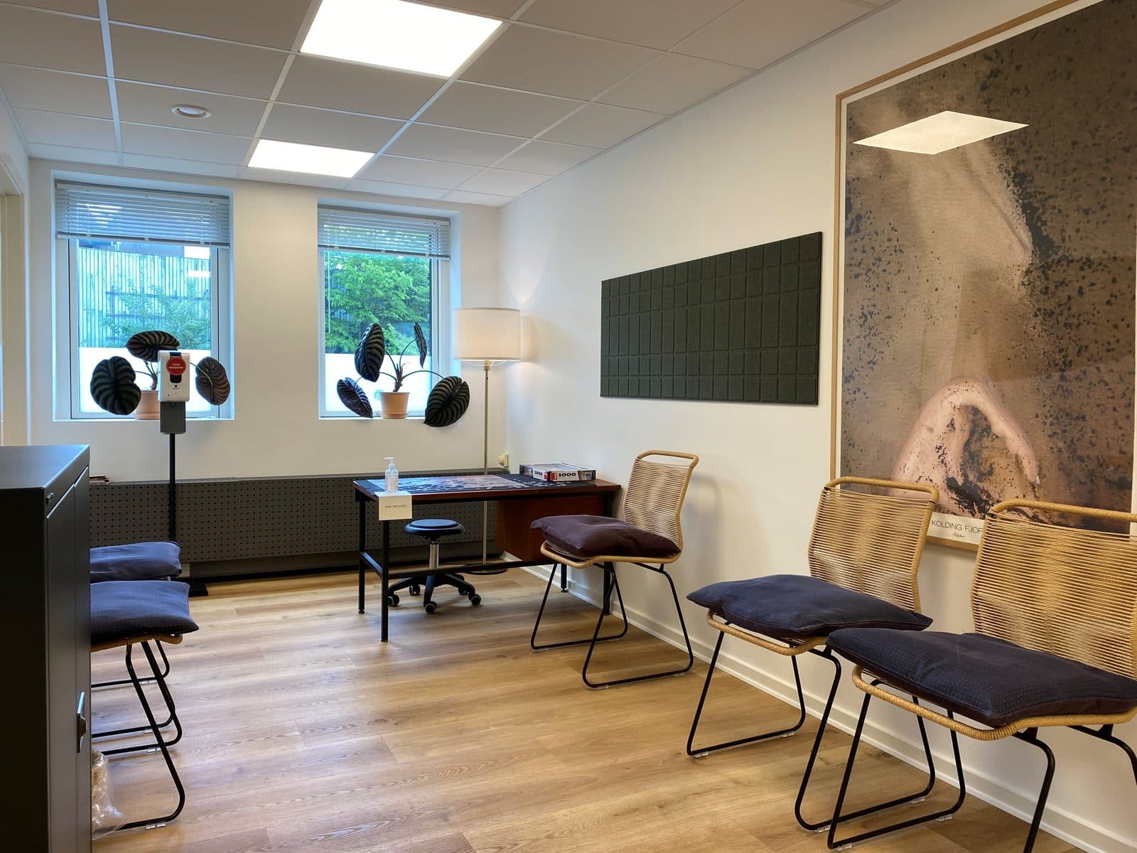 Venteværelse med lyse fletmøbler, planter og kunst hos Privat Psykiatrisk Center Kolding